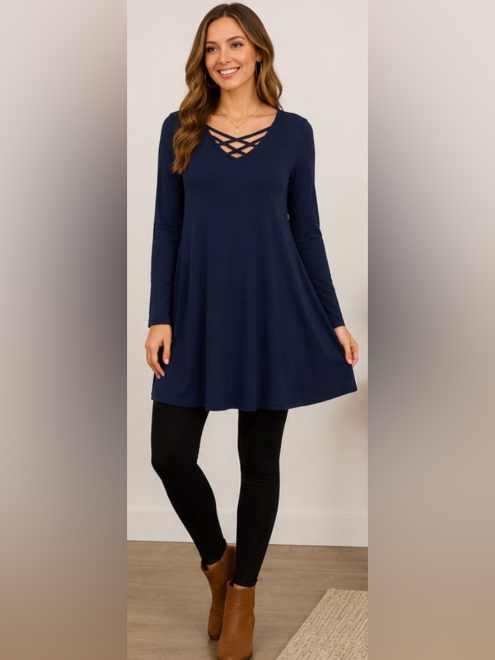 Zenana Premium Navy Criss Cross Tunic Dress | Long Sleeve Stretch  | Size Large